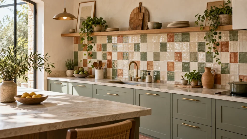 Frente de cocina con azulejos artesanales en tonos blanco, verde salvia y terracota