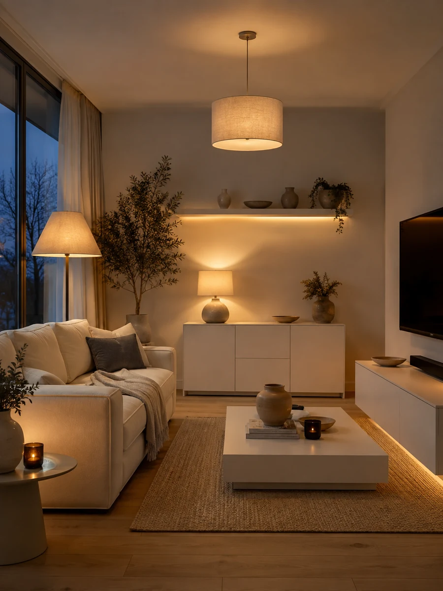 Salón con muebles blancos e iluminación cálida a diferentes alturas