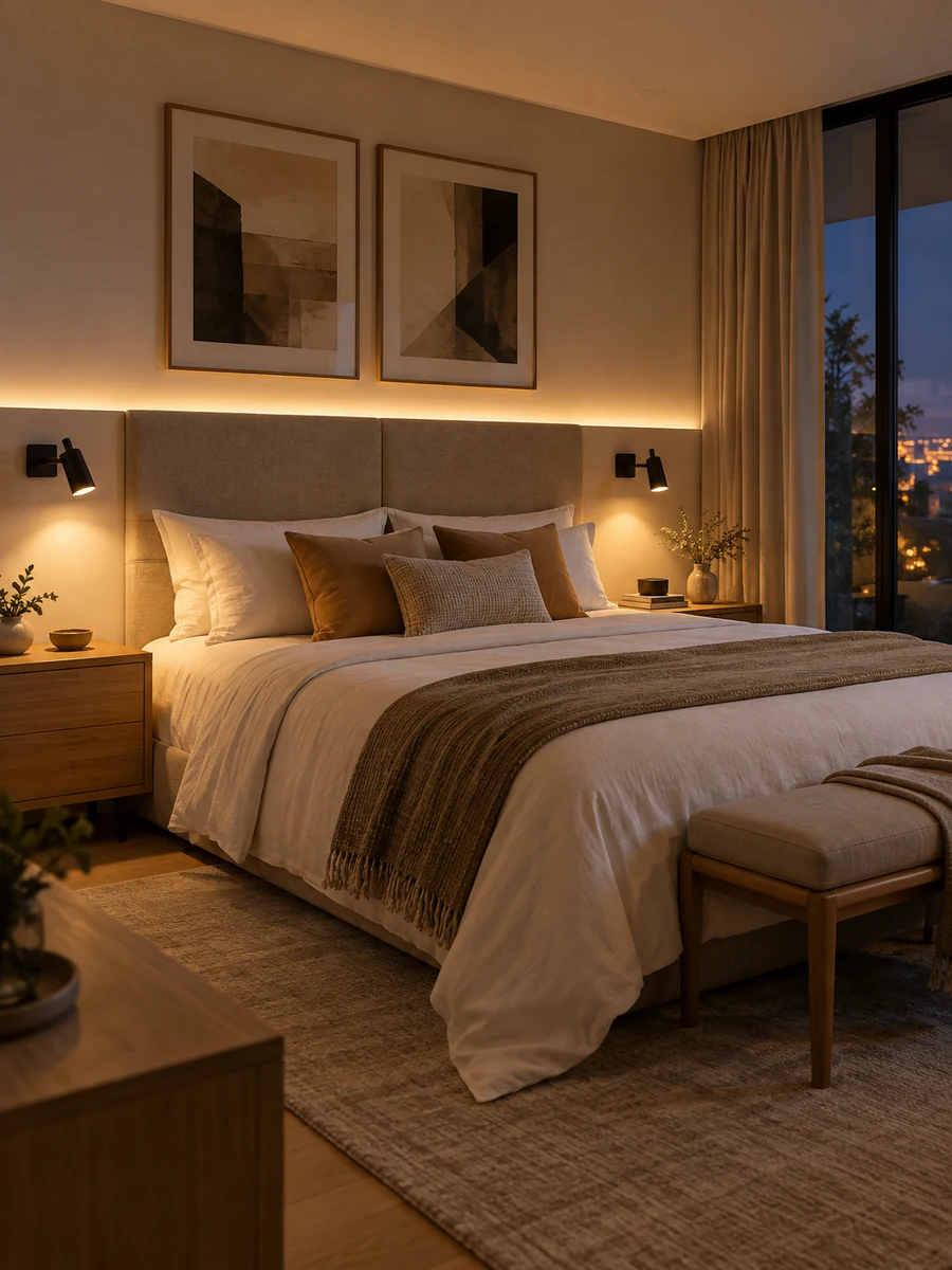 Dormitorio de matrimonio moderno con apliques de lectura y luz indirecta
