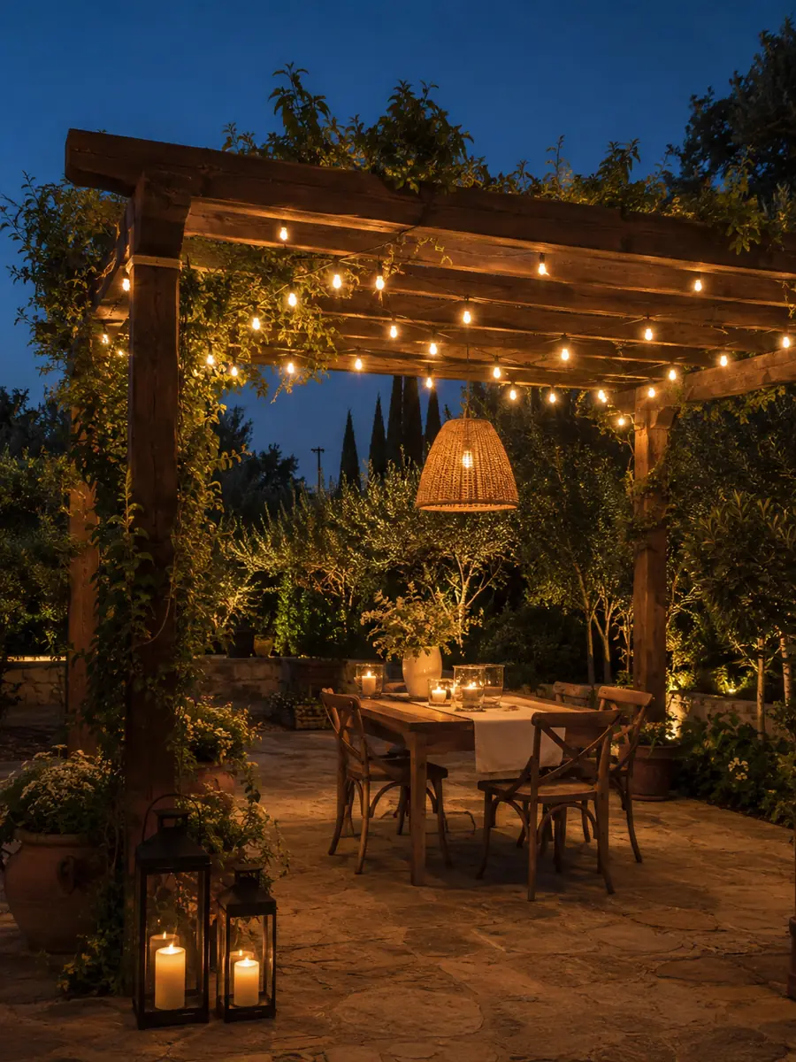 Iluminación cálida con guirnaldas en una pérgola de jardín