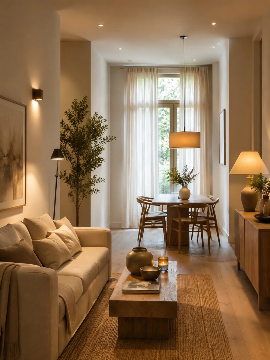 Salón alargado iluminado con luz natural, lámpara de pie, aplique y lámpara colgante