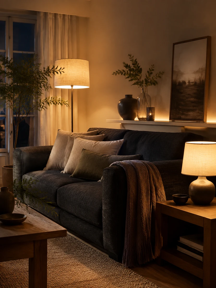 Salón con sofá gris oscuro iluminado con lámpara de pie y luz ambiental cálida