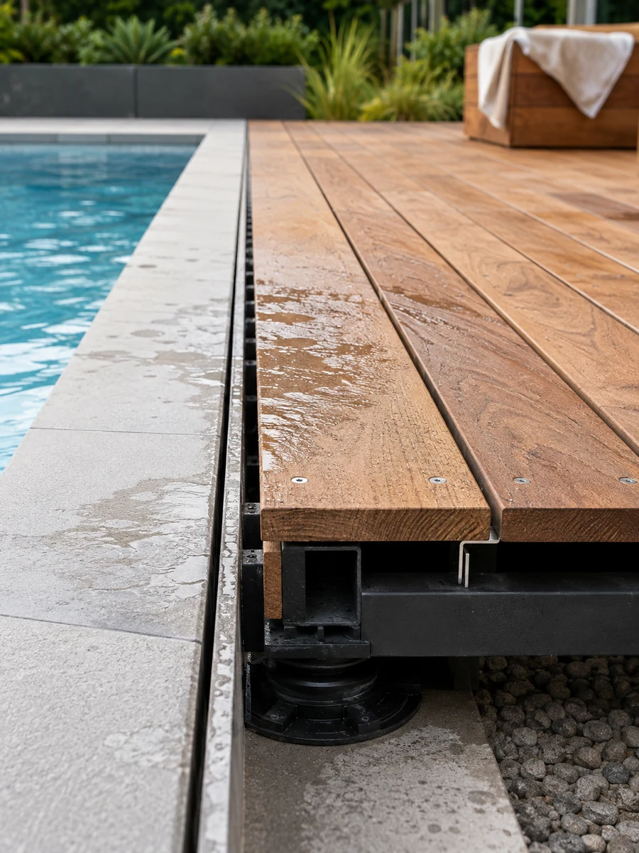 Instalación de tarima de madera para piscina con ventilación y drenaje