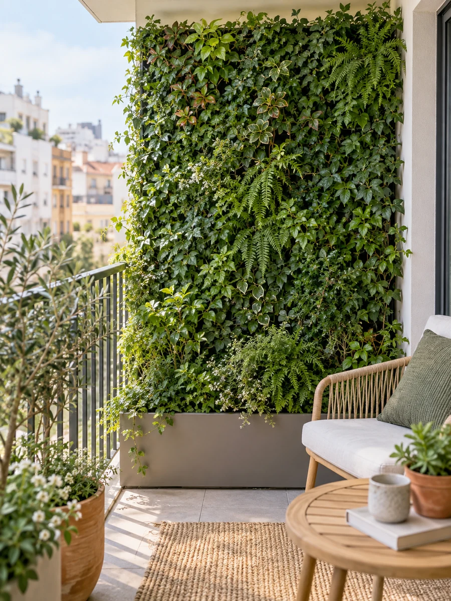 Jardín vertical frondoso como pantalla de privacidad en un balcón
