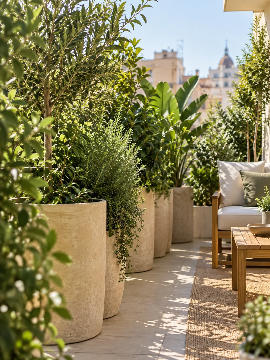 Jardineras altas con plantas frondosas que protegen la terraza