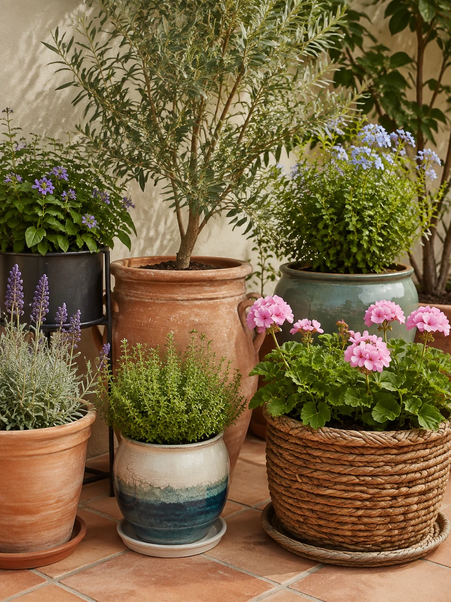 Macetas de barro, cerámica, fibra y metal para decorar una terraza