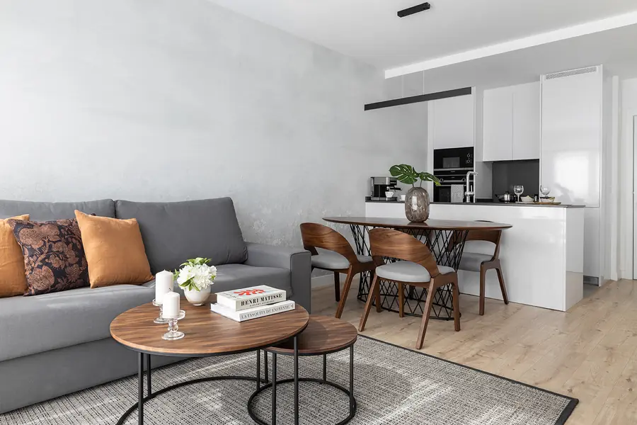La zona de día se organiza en un único ambiente Salón, comedor y cocina integrados en la vivienda Málaga Centro