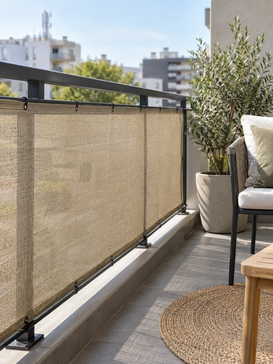 Malla de ocultación tensada en la barandilla de una terraza