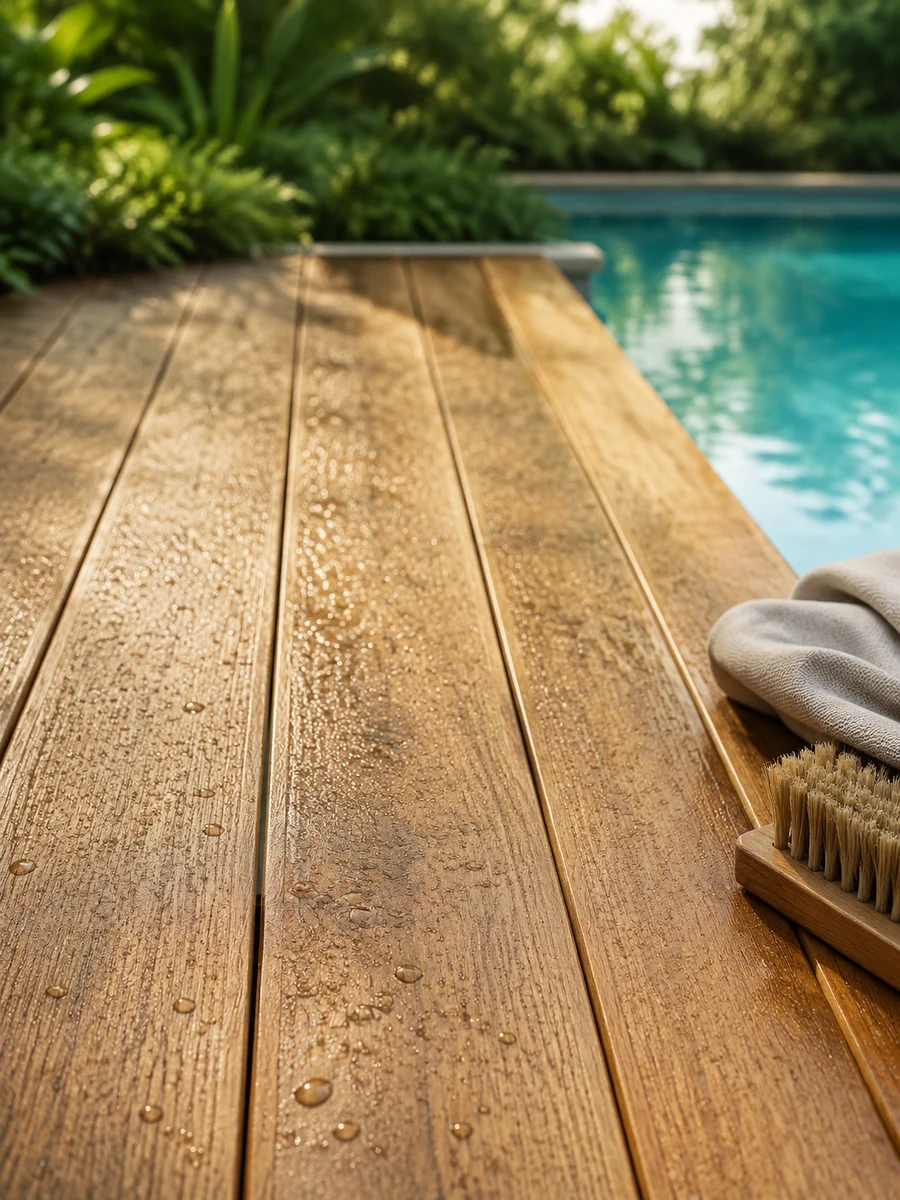 Tarima de madera para piscina húmeda con acabado antideslizante y limpieza