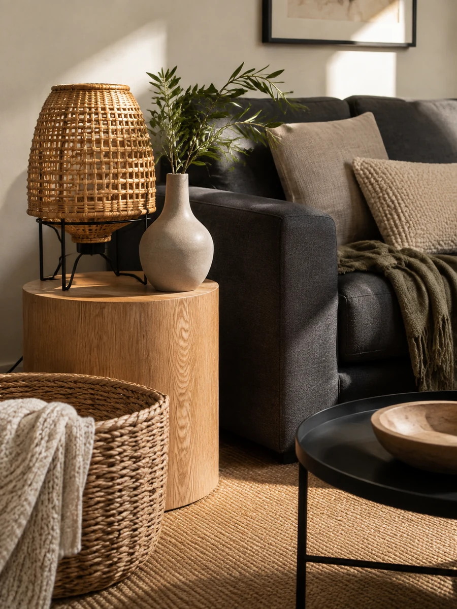 Salón con sofá gris oscuro combinado con madera, fibras naturales, cerámica y metal negro