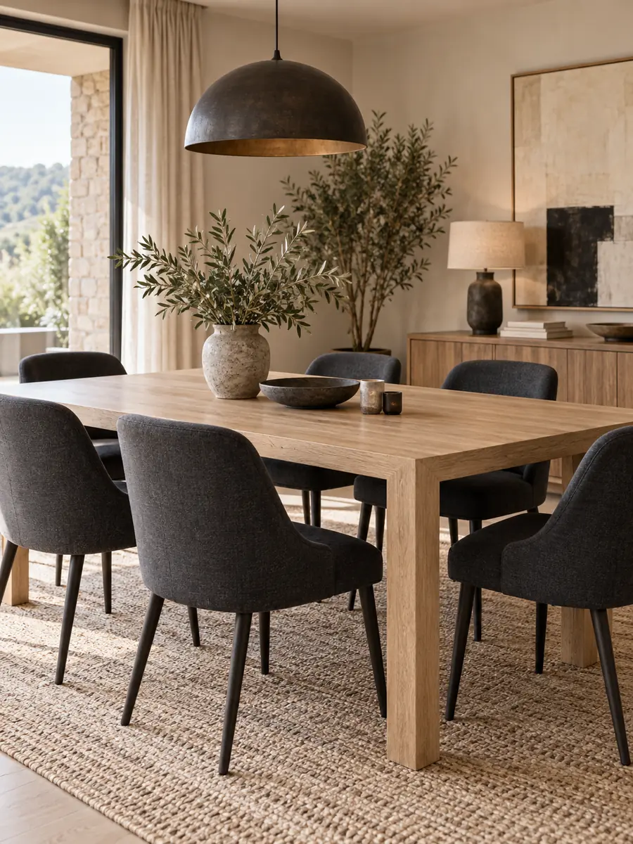 Mesa clara con sillas oscuras en un comedor moderno