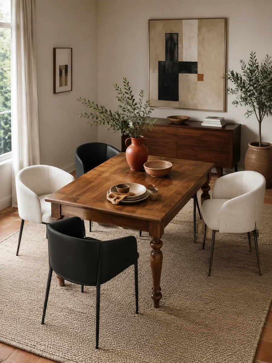 Mesa clásica con dos modelos de sillas modernas combinadas de forma equilibrada