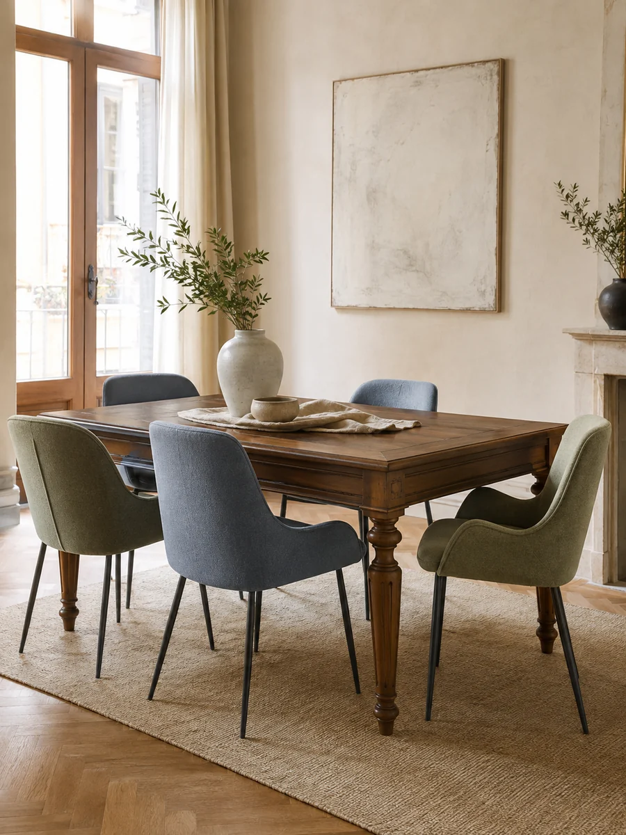 Mesa clásica con sillas modernas en tonos verde salvia y azul empolvado