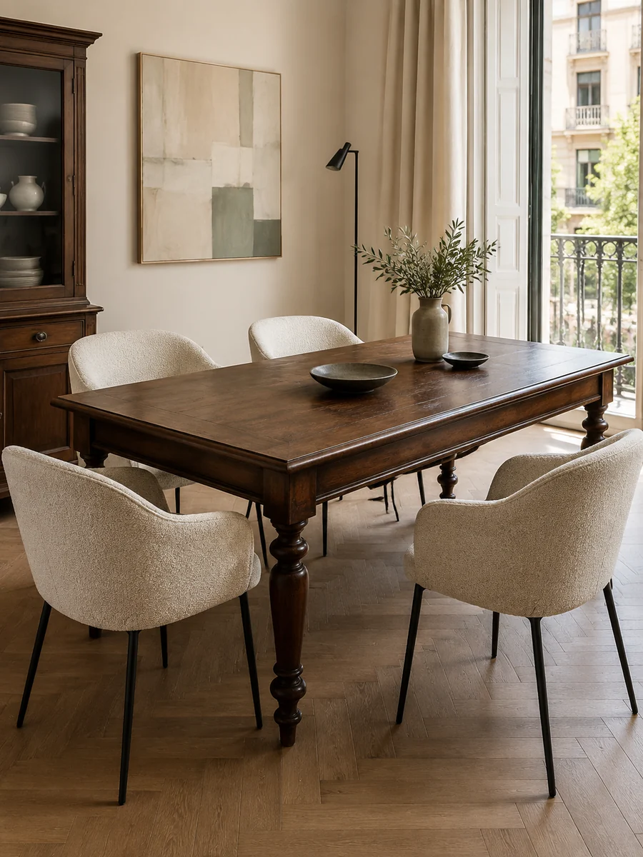 Mesa clásica con sillas modernas tapizadas en tono beige