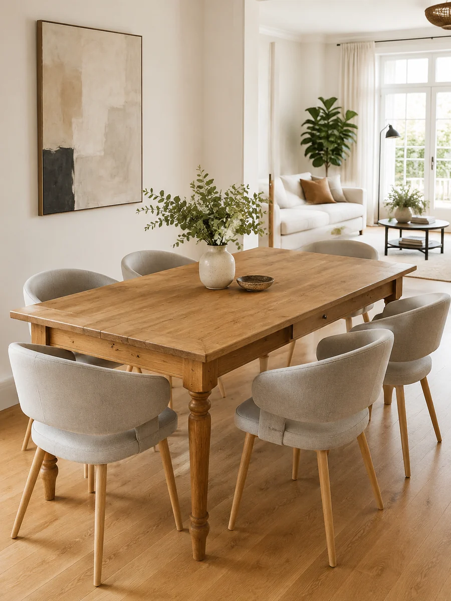 Mesa clásica con sillas modernas de inspiración nórdica en tonos neutros