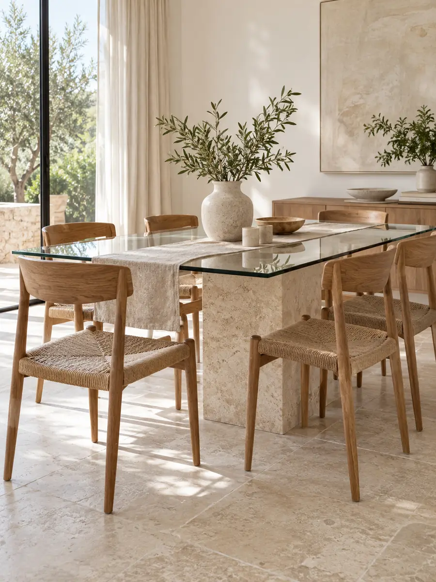 Mesa de cristal con sillas de madera en un comedor luminoso