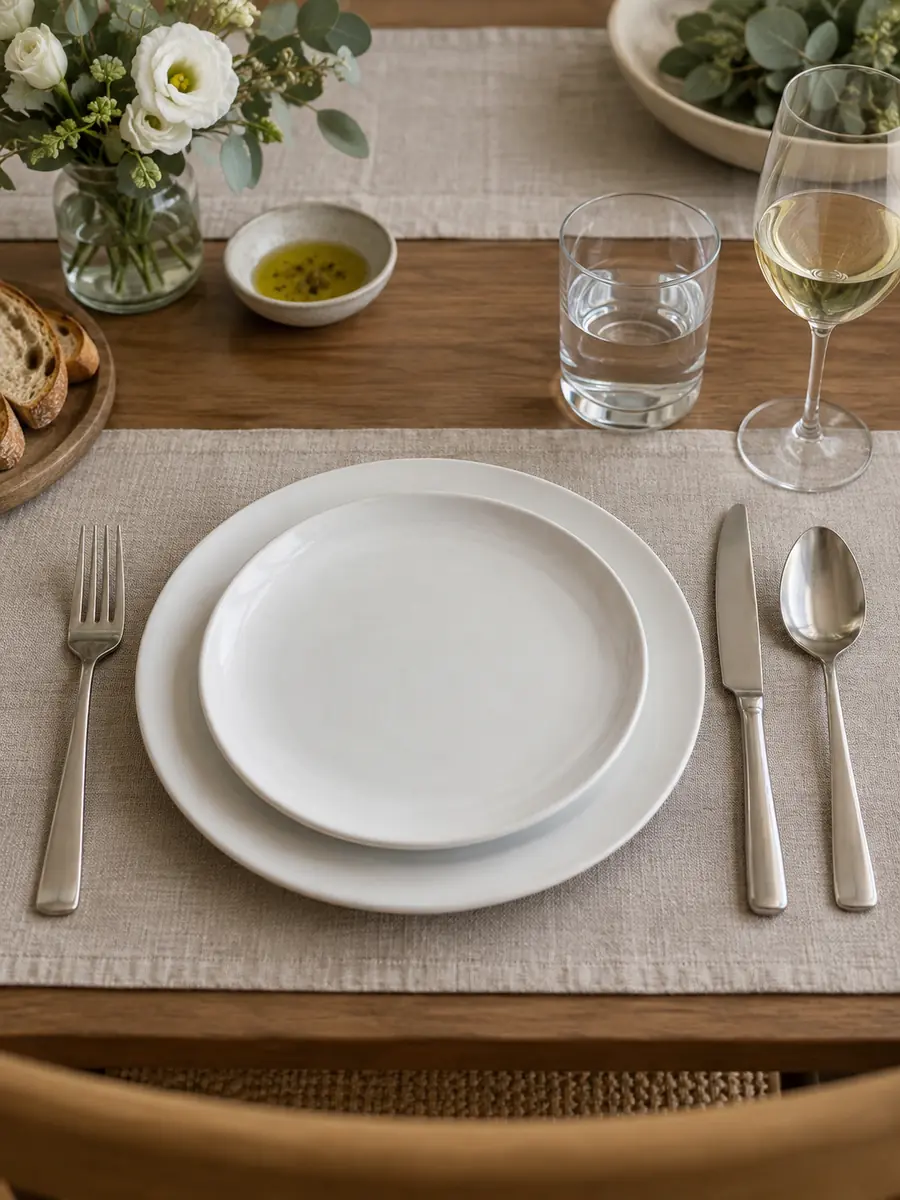 Colocación de cubiertos y copas en una mesa elegante