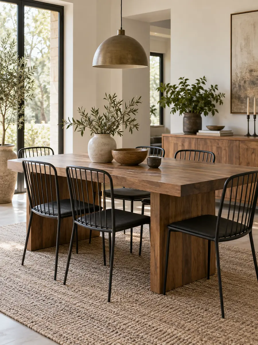 Mesa de madera con sillas de comedor de metal negro