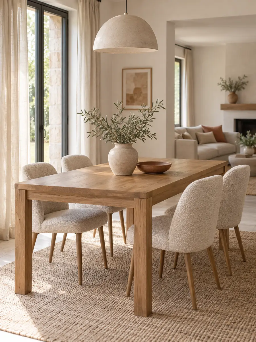Mesa de madera con sillas de comedor tapizadas en color crema