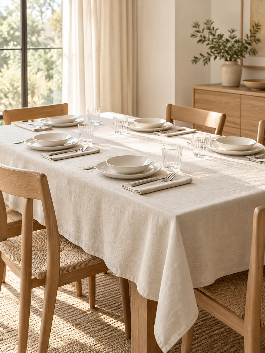 Mesa de comedor con mantel de lino neutro y vajilla blanca