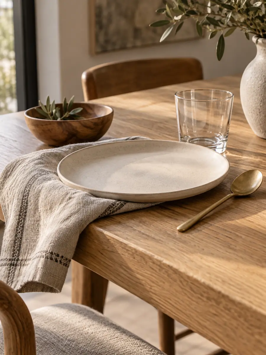 Mesa decorada con madera, lino, cerámica y cristal