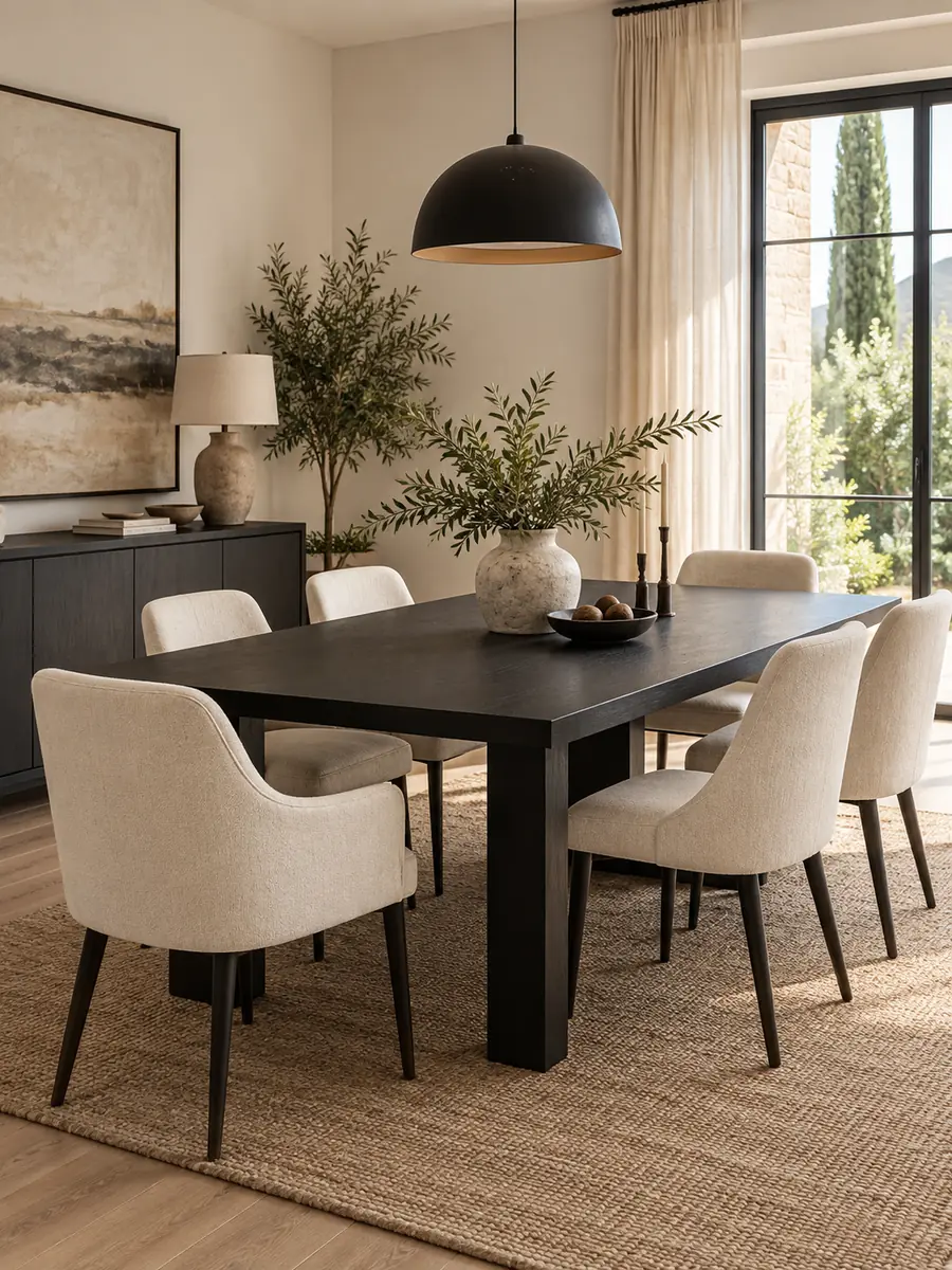 Mesa negra con sillas claras para crear contraste en el comedor
