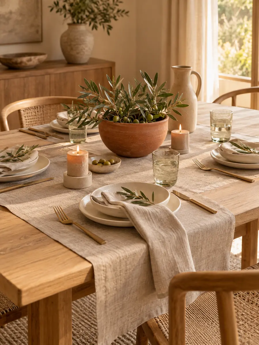 Mesa elegante en tonos arena, terracota y latón