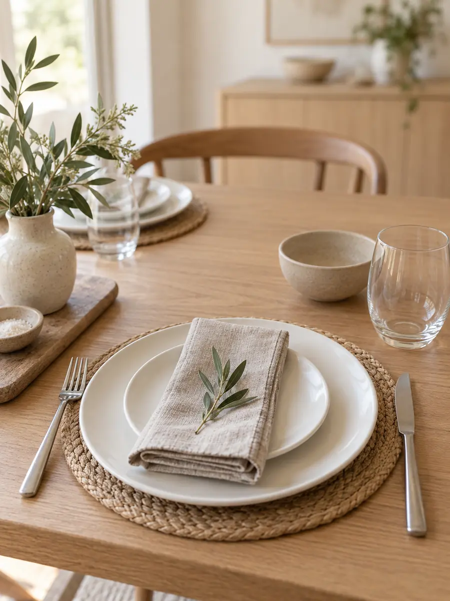 Mesa sencilla con vajilla blanca y servilleta de lino