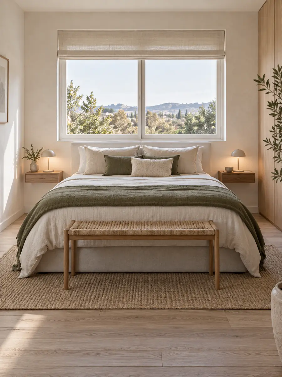 Cama centrada bajo la ventana con mesillas de noche suspendidas