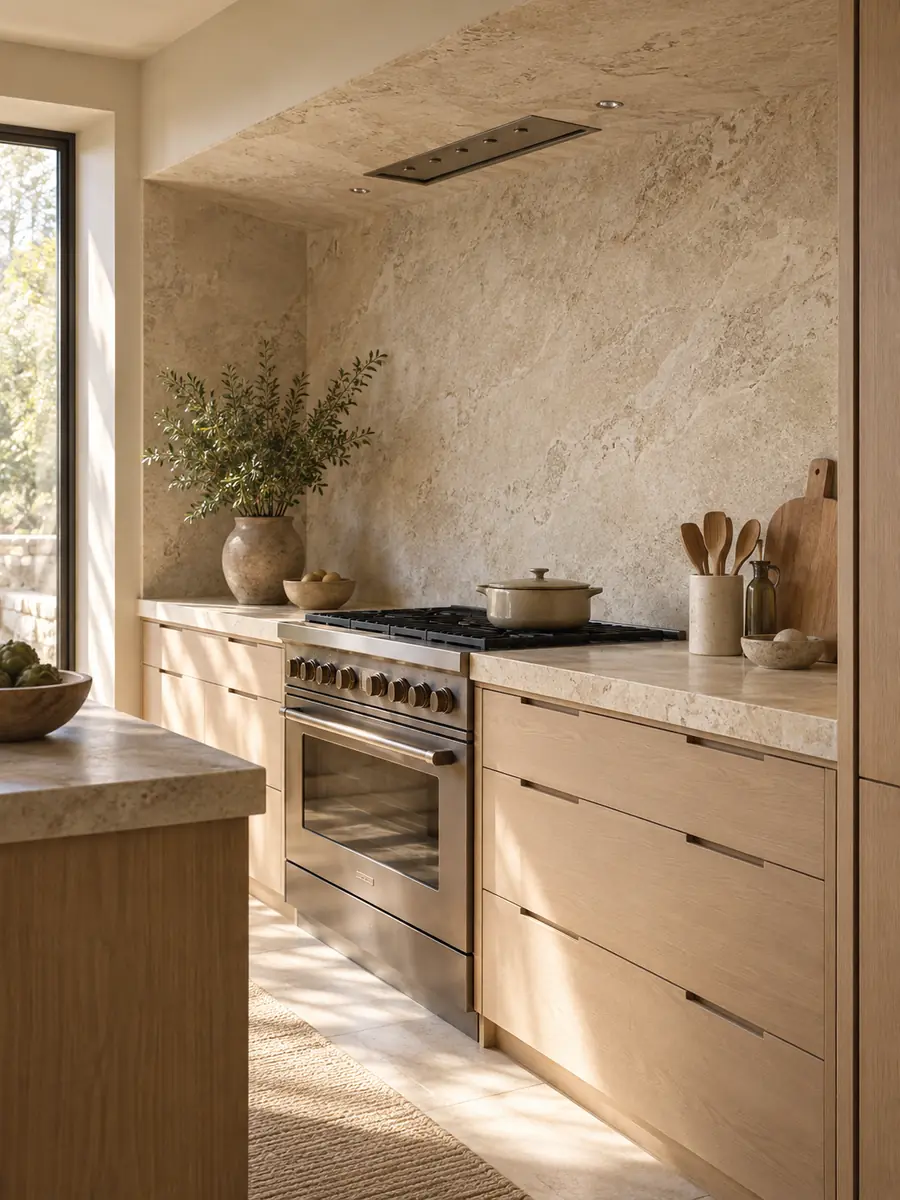 Frente de cocina de piedra clara a juego con la encimera y prolongado hasta el techo