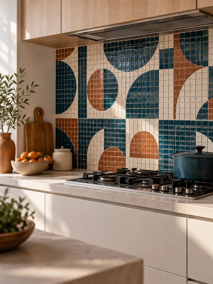 Mosaico geométrico en azul petróleo, crema y terracota para el frente de cocina