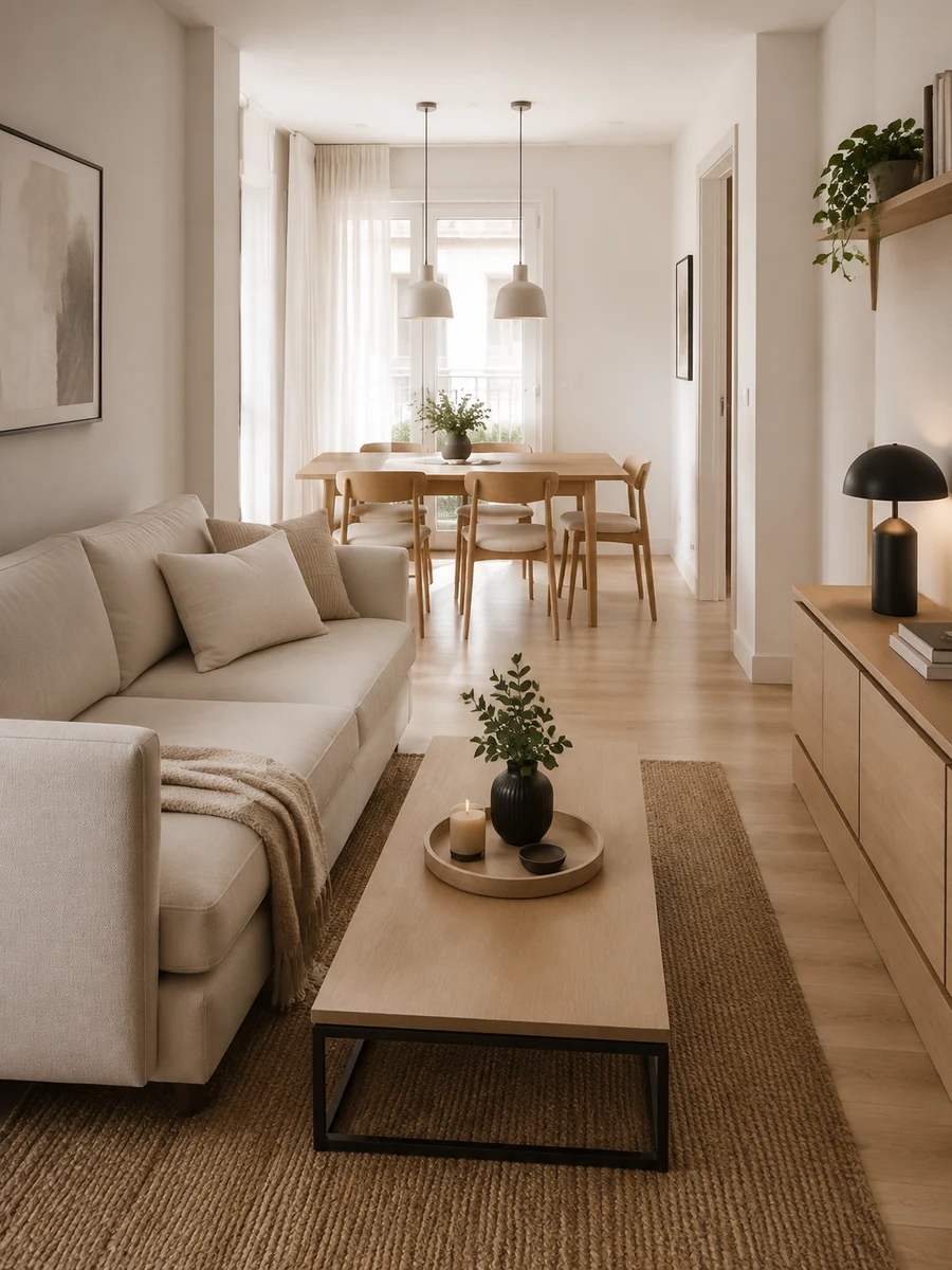 Muebles proporcionados para un salón comedor rectangular de 20 metros