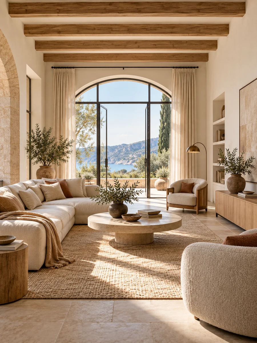 Muebles proporcionados en un salón grande con mueble bajo y sofá