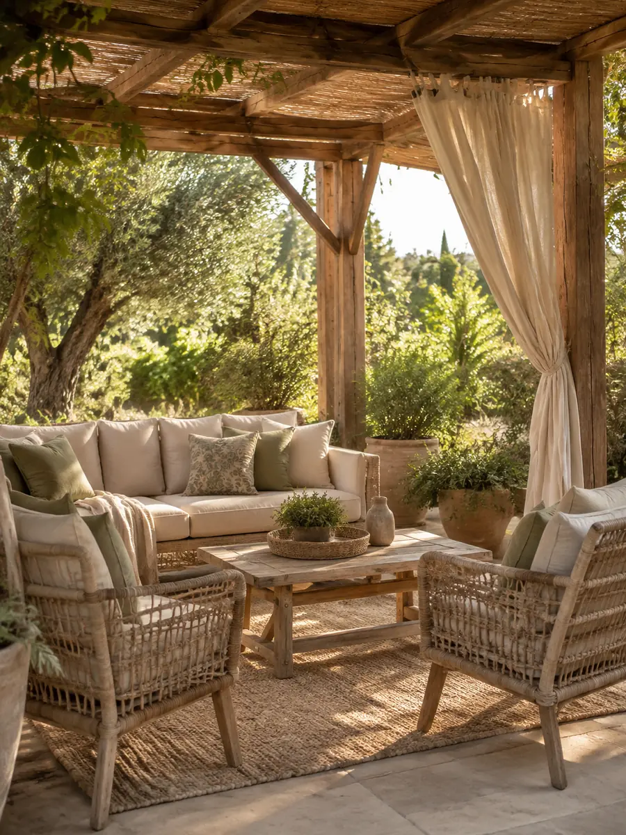 Muebles de exterior y textiles en una pérgola de jardín
