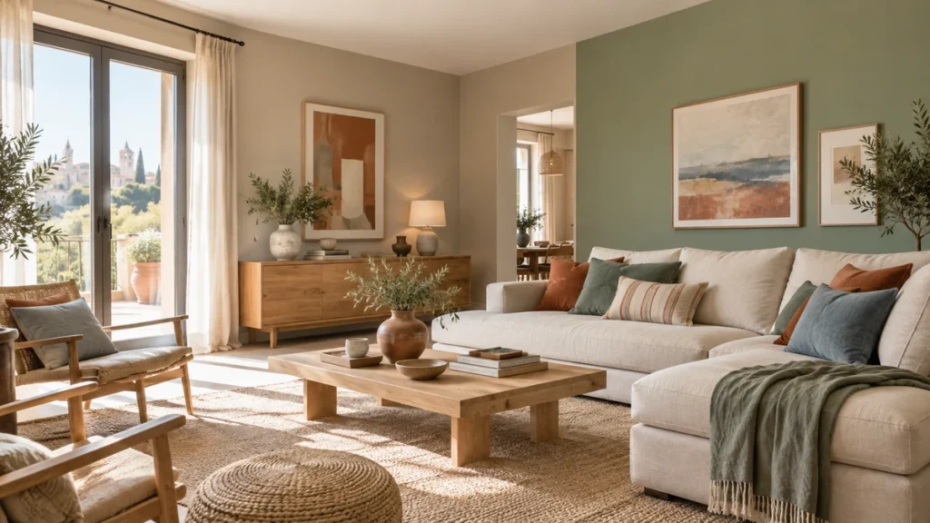 Salón luminoso con paredes greige y verde salvia, sofá crema y muebles de madera clara