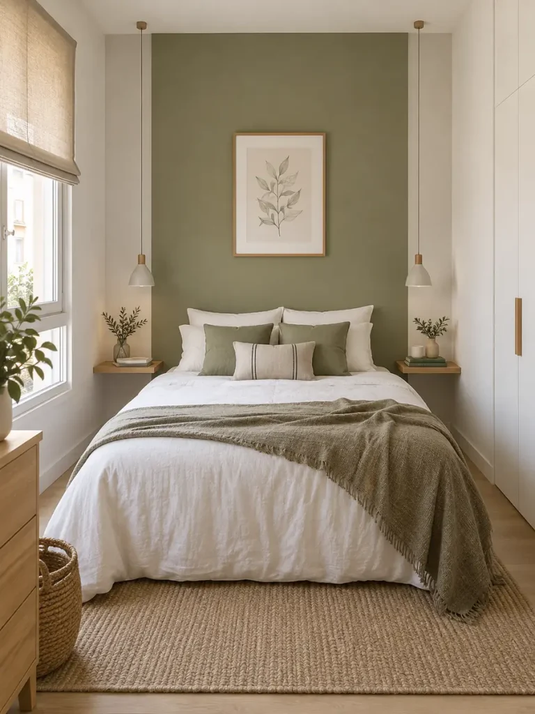 Dormitorio pequeño con panel pintado en verde oliva como cabecero