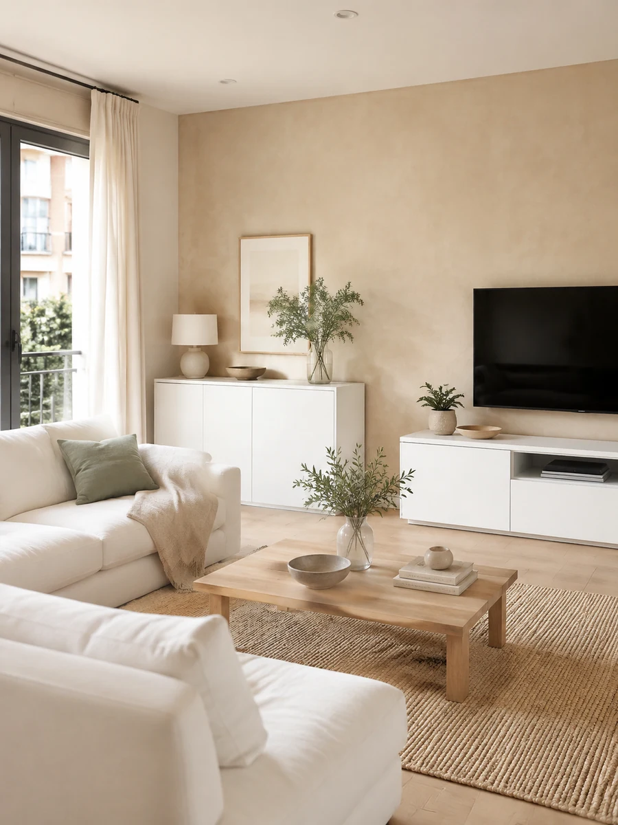 Salón con muebles blancos y pared beige que aporta profundidad