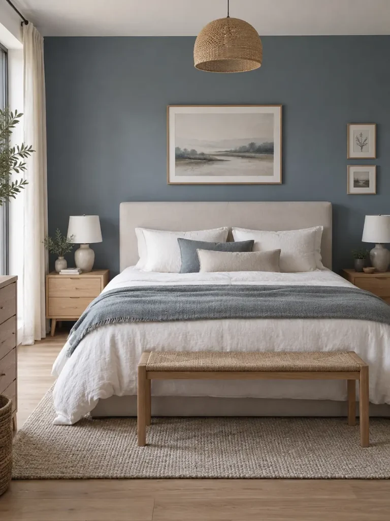Dormitorio con pared del cabecero en azul grisáceo y cama con textiles blancos