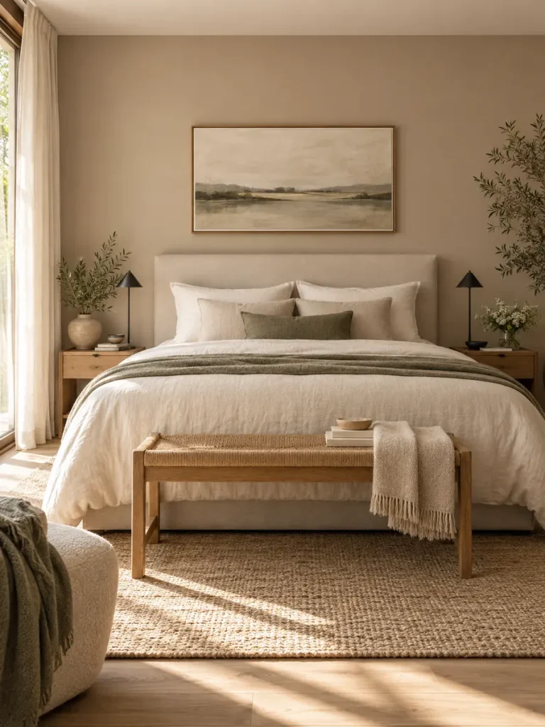 Dormitorio con pared del cabecero en beige cálido y decoración natural