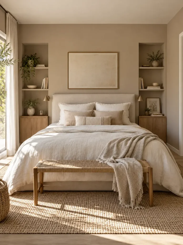 Dormitorio luminoso con pared beige y efecto envolvente alrededor de la cama