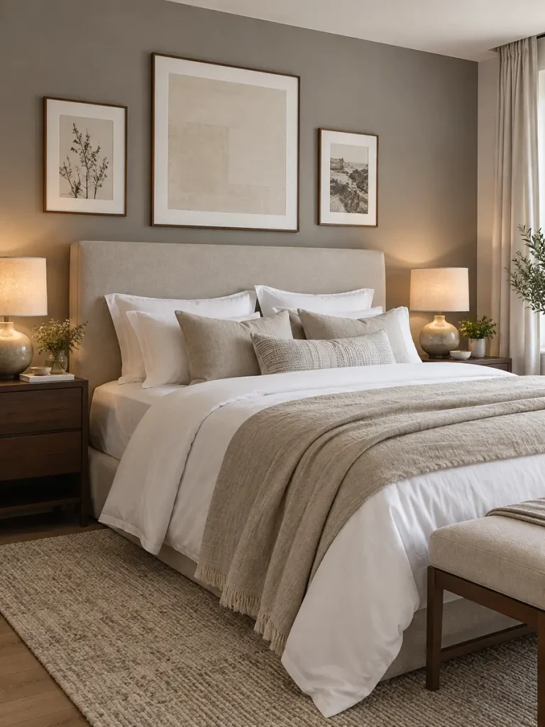 Dormitorio con pared del cabecero en gris cálido y ropa de cama clara