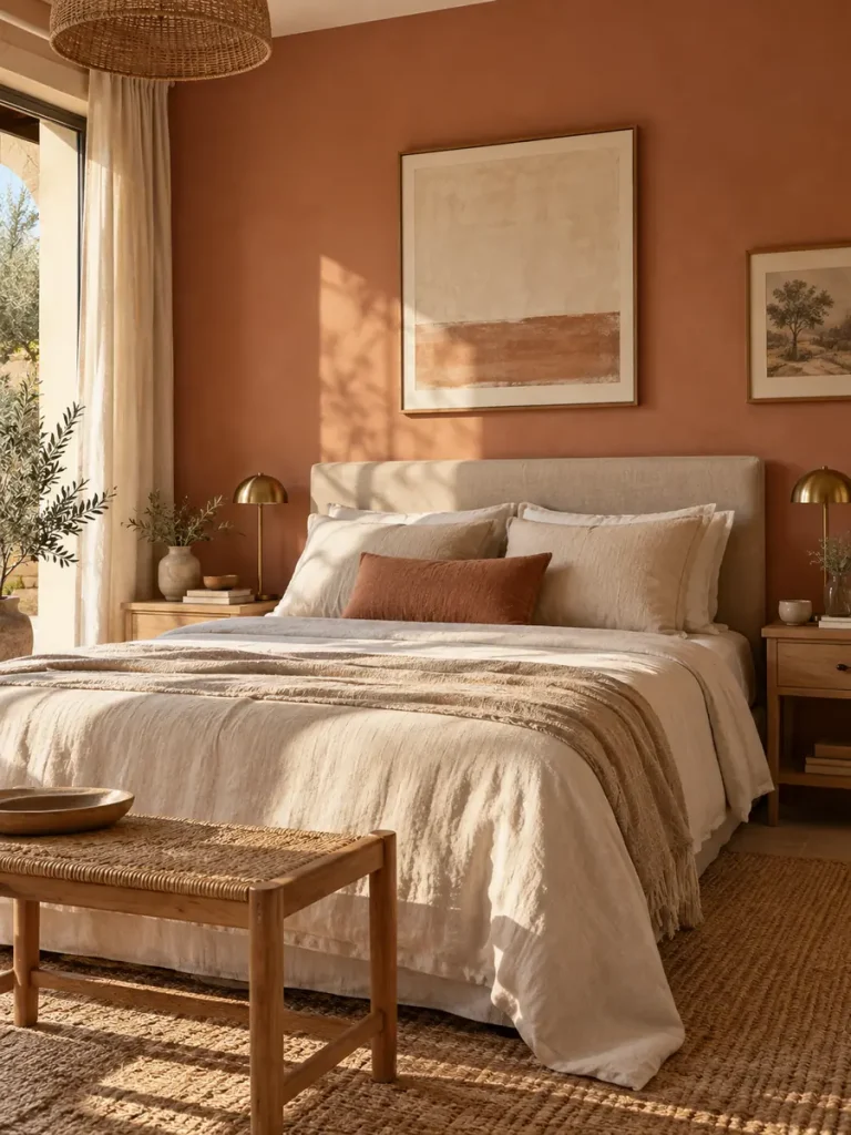 Dormitorio con pared del cabecero en terracota suave y ropa de cama clara