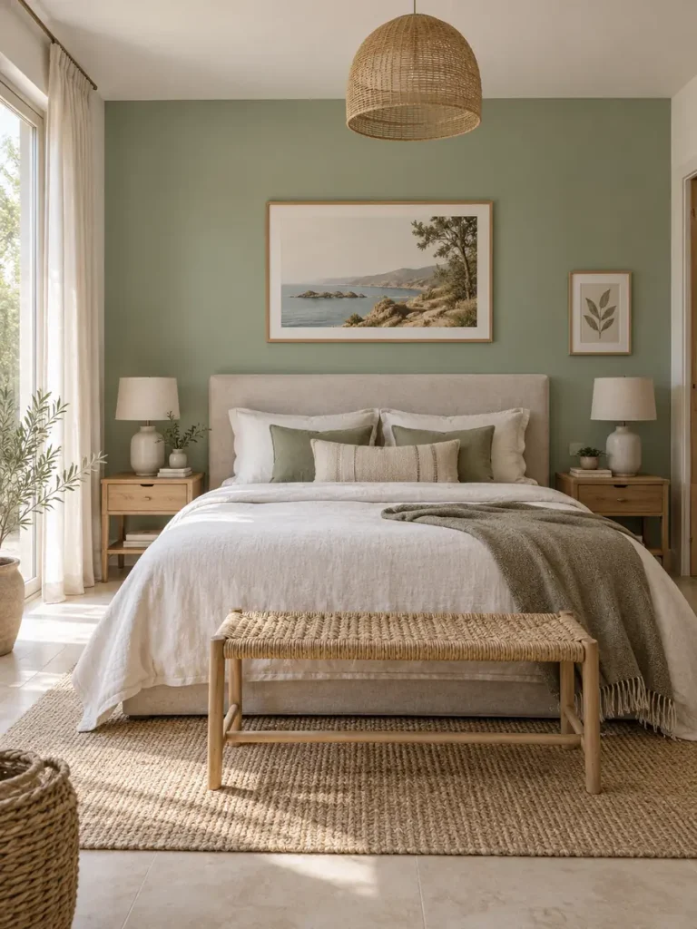 Dormitorio con pared del cabecero pintada en verde salvia y ropa de cama en tonos neutros