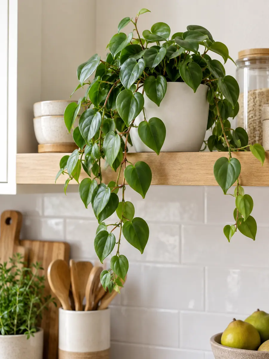 Peperomia colgante con hojas carnosas en una balda alta de cocina