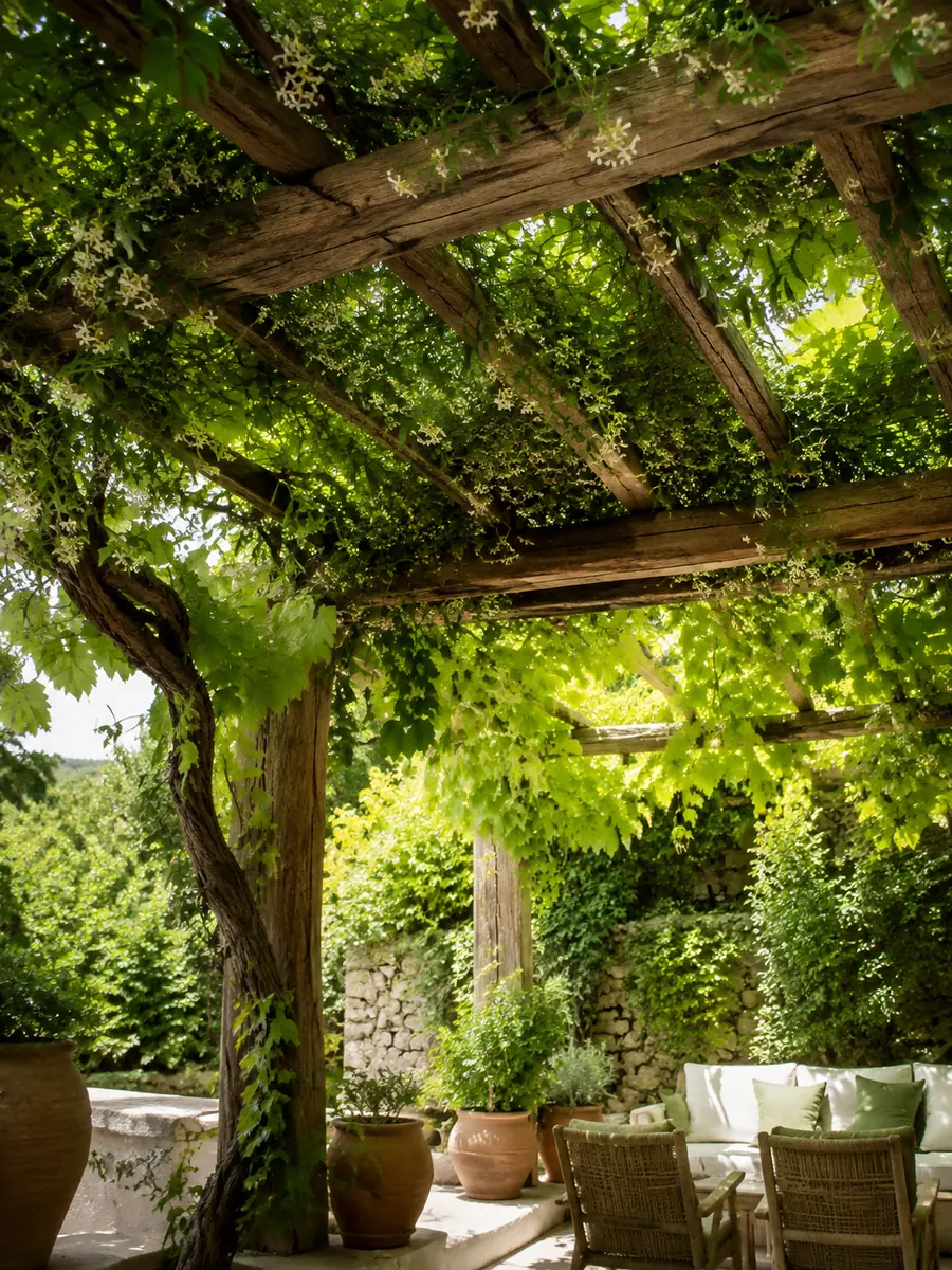 Pérgola de jardín con techo cubierto de plantas trepadoras
