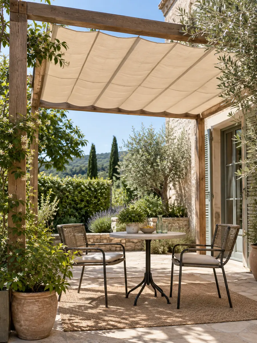 Pérgola de jardín con toldo retráctil de tela para crear sombra