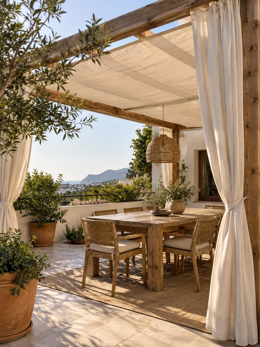 Pérgola ligera con cortinas y vela de sombra en una terraza