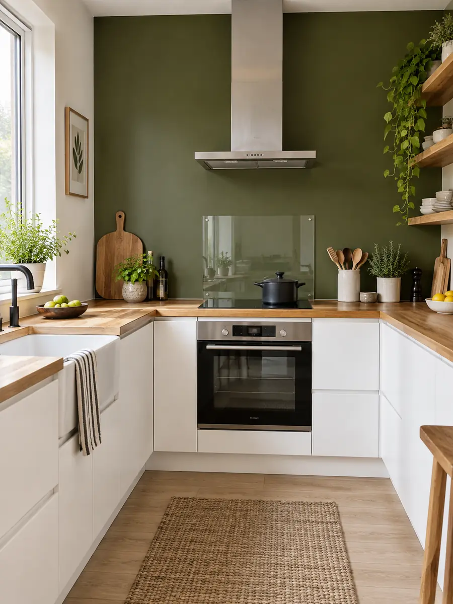 Frente de cocina con pintura lavable verde oliva y protector de vidrio detrás de la placa