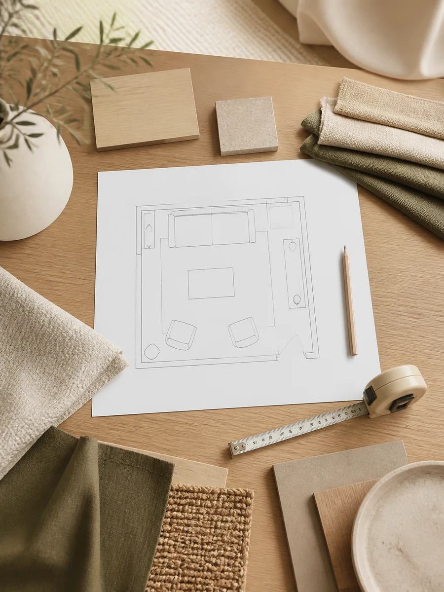 Plano de distribución para decorar un salón cuadrado con sofá y butacas