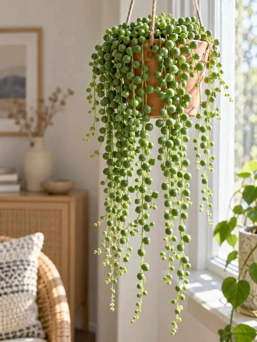 Planta rosario o Curio rowleyanus con tallos de hojas redondas colgantes
